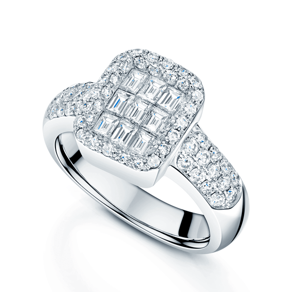 Berry's 18ct White Gold Round Brilliant Cut And Baguette Cut Diamond Illusion Set Rectangular Cluster Ring - Berry's Jewellers