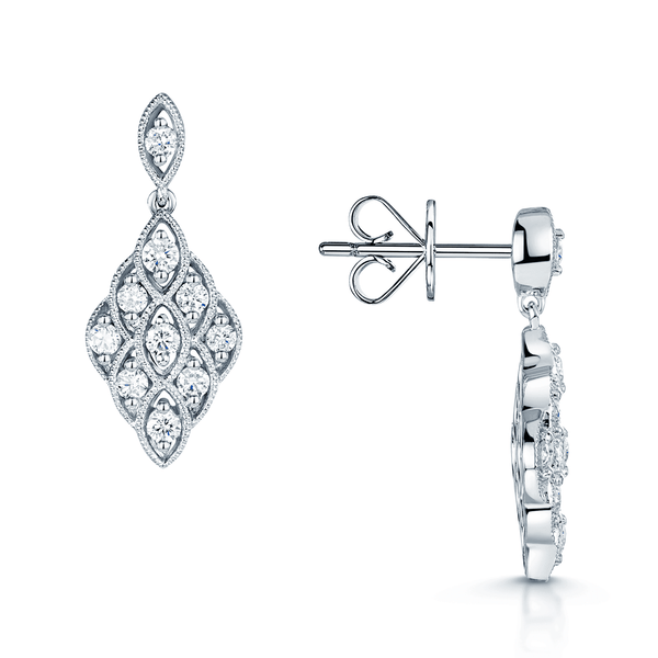 Berry's 18ct White Gold Round Brilliant Cut Diamond Fancy Drop Earrings With A Millgrain Edge - Berry's Jewellers