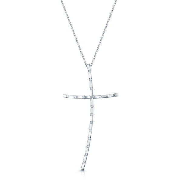 Berry's 18ct White Gold Round Brilliant Cut Diamond Set Curved Cross In Rub Over Setting - Berry's Jewellers