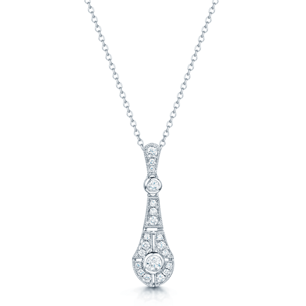 Berry's 18ct White Gold Round Brilliant Cut Diamond Vintage Style Drop Pendant - Berry's Jewellers