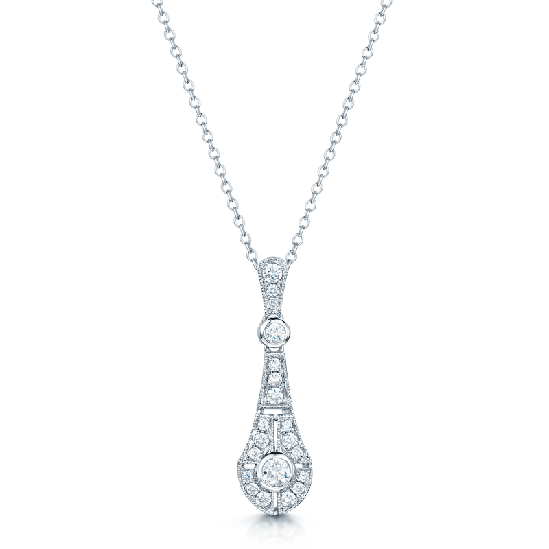 Berry's 18ct White Gold Round Brilliant Cut Diamond Vintage Style Drop Pendant - Berry's Jewellers