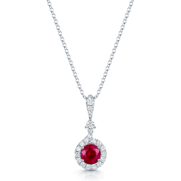 Berry's 18ct White Gold Round Brilliant Cut Ruby And Diamond Halo Pendant With A Diamond Bale - Berry's Jewellers