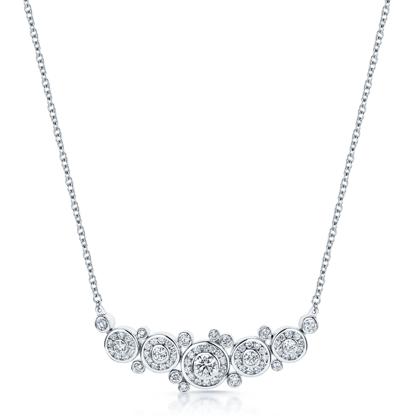 Berry's 18ct White Gold Round Brilliant Halo Multi Rub-Over Scattered Diamond Horizontal Pendant - Berry's Jewellers