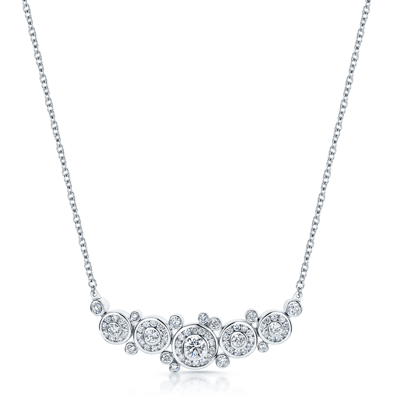 Berry's 18ct White Gold Round Brilliant Halo Multi Rub-Over Scattered Diamond Horizontal Pendant - Berry's Jewellers