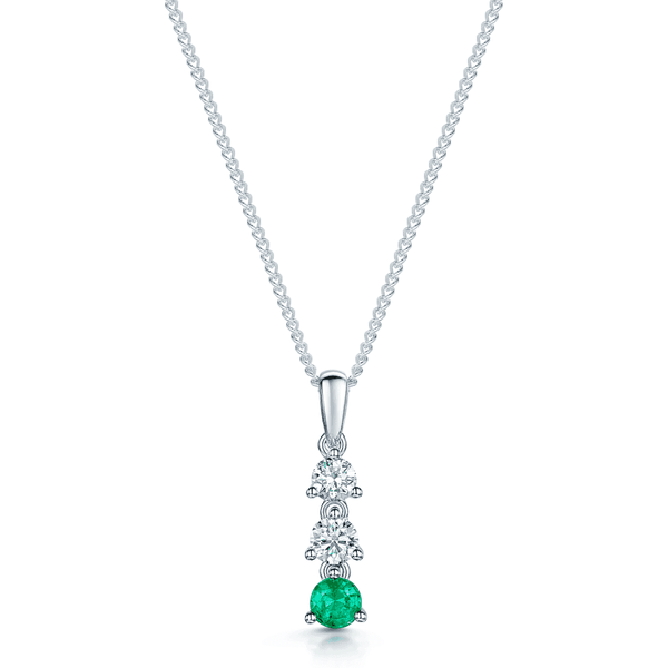 Berry's 18ct White Gold Round Emerald & Round Brilliant Cut Diamond Three Stone Pendant - Berry's Jewellers