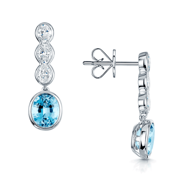 Berry's 18ct White Gold Rub Over Set Aquamarine With Three Oval Cut Diamonds Drop Earrings - Berry's Jewellers