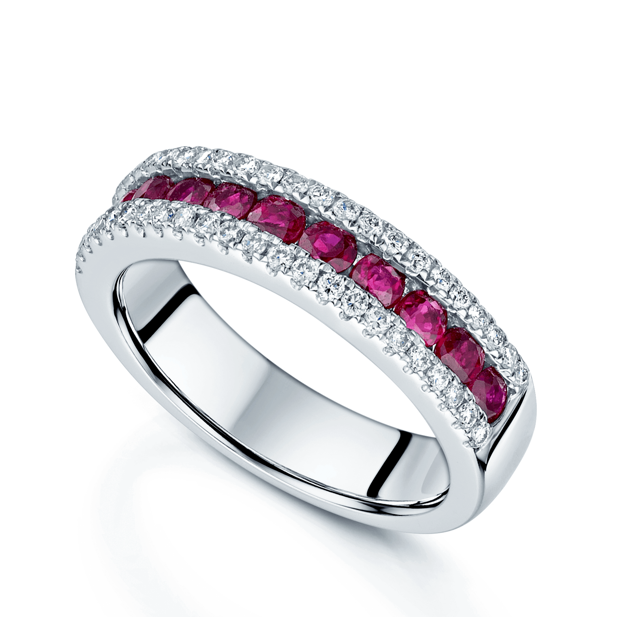 18ct White Gold Ruby and Diamond Triple Row Ring from Berry's