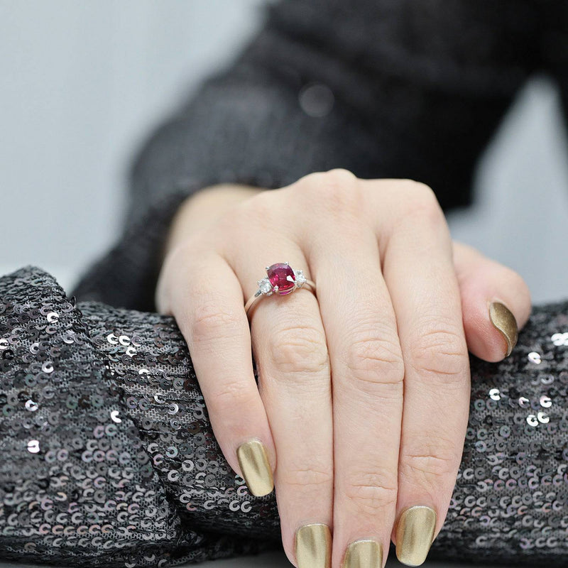 18ct White Gold Ruby Diamond Oval Three Stone Ring