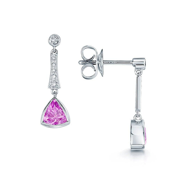 Berry's 18ct White Gold Triangular Pink Sapphire & Diamond Drop Earrings - Berry's Jewellers