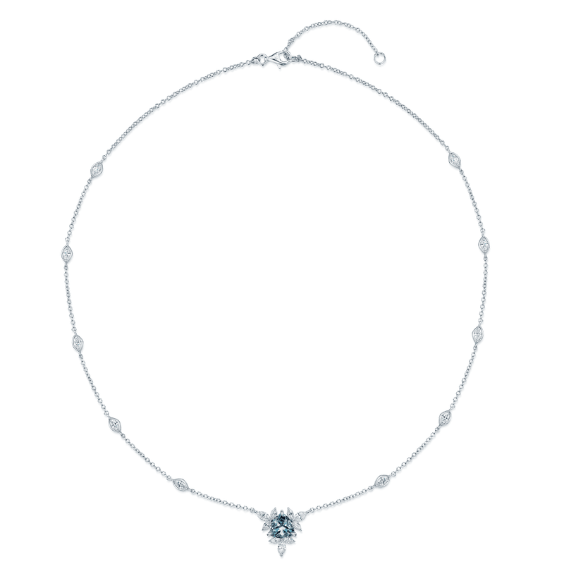 Berry's 18ct White Gold Trilliant Cut Aquamarine & Marquise Diamond Flower Necklace With Marquise Cut Diamond Set Chain - Berry's Jewellers