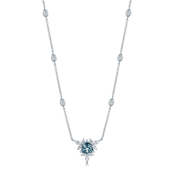Berry's 18ct White Gold Trilliant Cut Aquamarine & Marquise Diamond Flower Necklace With Marquise Cut Diamond Set Chain - Berry's Jewellers
