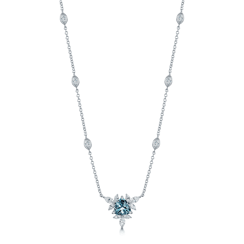 Berry's 18ct White Gold Trilliant Cut Aquamarine & Marquise Diamond Flower Necklace With Marquise Cut Diamond Set Chain - Berry's Jewellers