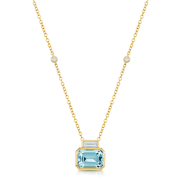 Berry's 18ct Yellow Gold Emerald Cut Aquamarine And Baguette Cut Diamond Pendant - Berry's Jewellers