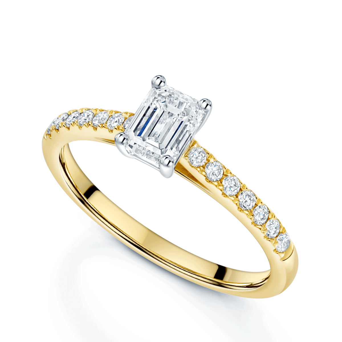 18ct Yellow Gold Emerald Cut Diamond Single Stone Ring With Diamond Sh