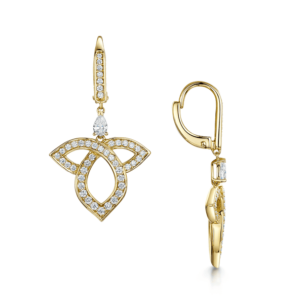 Berry's 18ct Yellow Gold Pear And Round Brilliant Cut Open Lotus Drop Earrings - Berry's Jewellers