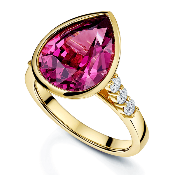 Berry's 18ct Yellow Gold Pear Cut Umbalite Garnet Rub Over Set Ring With Micro Claw Set Diamond Shoulders - Berry's Jewellers