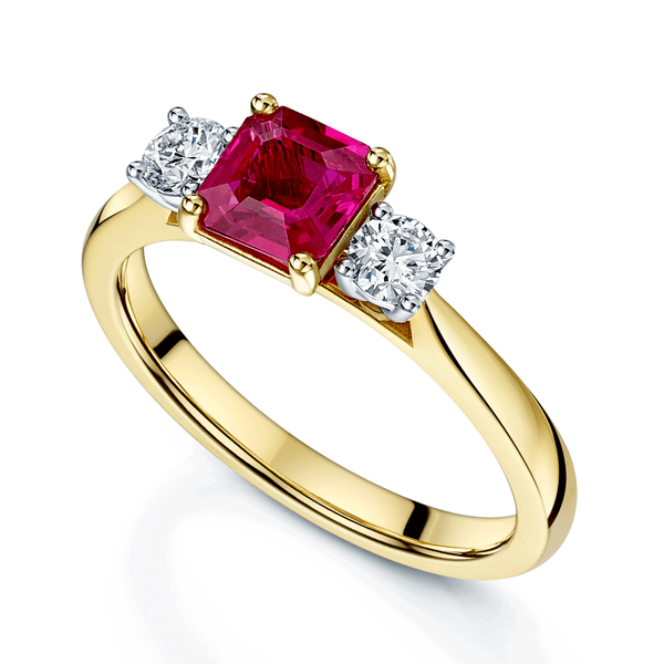 Berry's 18ct Yellow Gold Square Cut Ruby And Round Brilliant Cut Diamond Three Stone Ring - Berry's Jewellers