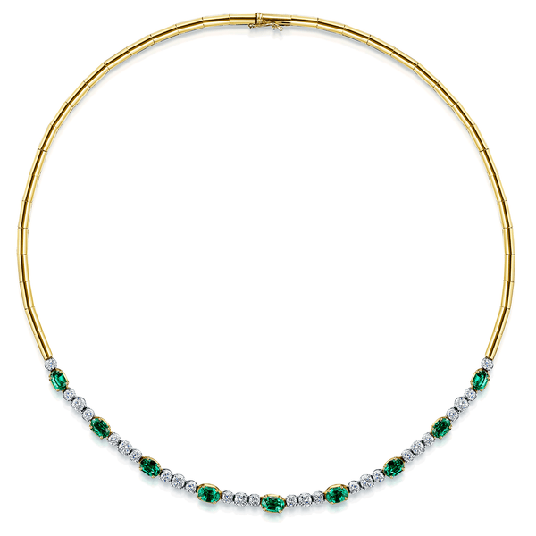 Berry's 18ct Yellow & White Gold Oval Emerald & Round Brilliant Cut Diamond Collarette - Berry's Jewellers