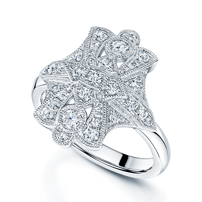 Berry's Platinum Art Deco Style Round Brilliant Cut Diamond Rub Over Milgrain S Dress Ring - Berry's Jewellers