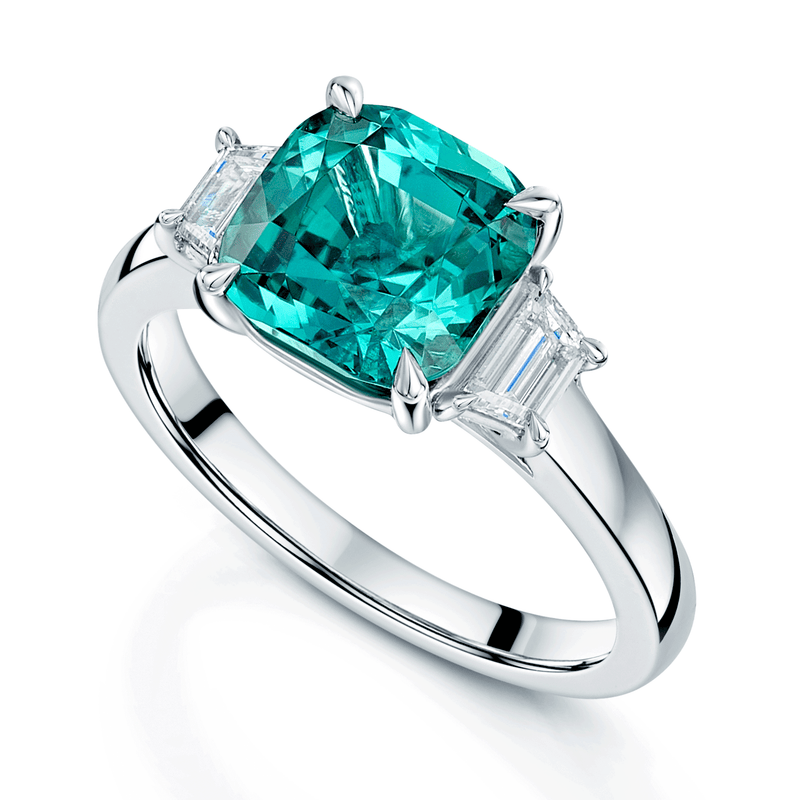 Berry's Platinum Cushion Cut Indicolite Tourmaline And Trapeze Cut Diamond Three Stone Ring - Berry's Jewellers