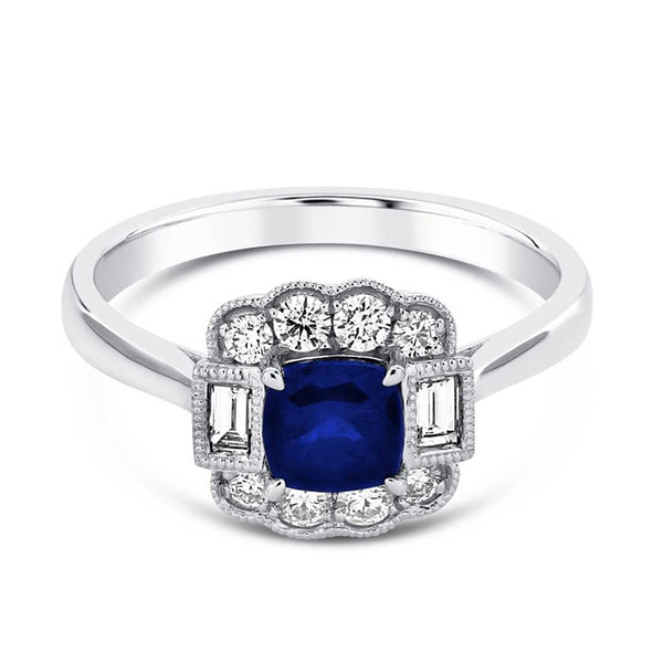 Berry's Platinum Cushion Cut Sapphire & Diamond Set Surround Ring - Berry's Jewellers