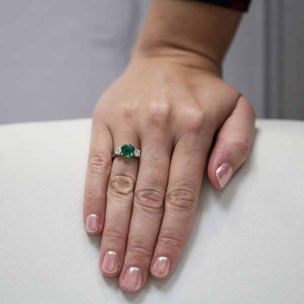 Berry's Platinum Cushion Shape Emerald & Diamond Three Stone Ring - Berry's Jewellers