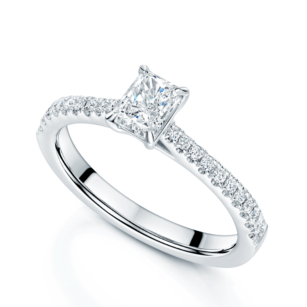 Platinum Emerald Cut Diamond Engagement Ring With Diamond Set Shoulder