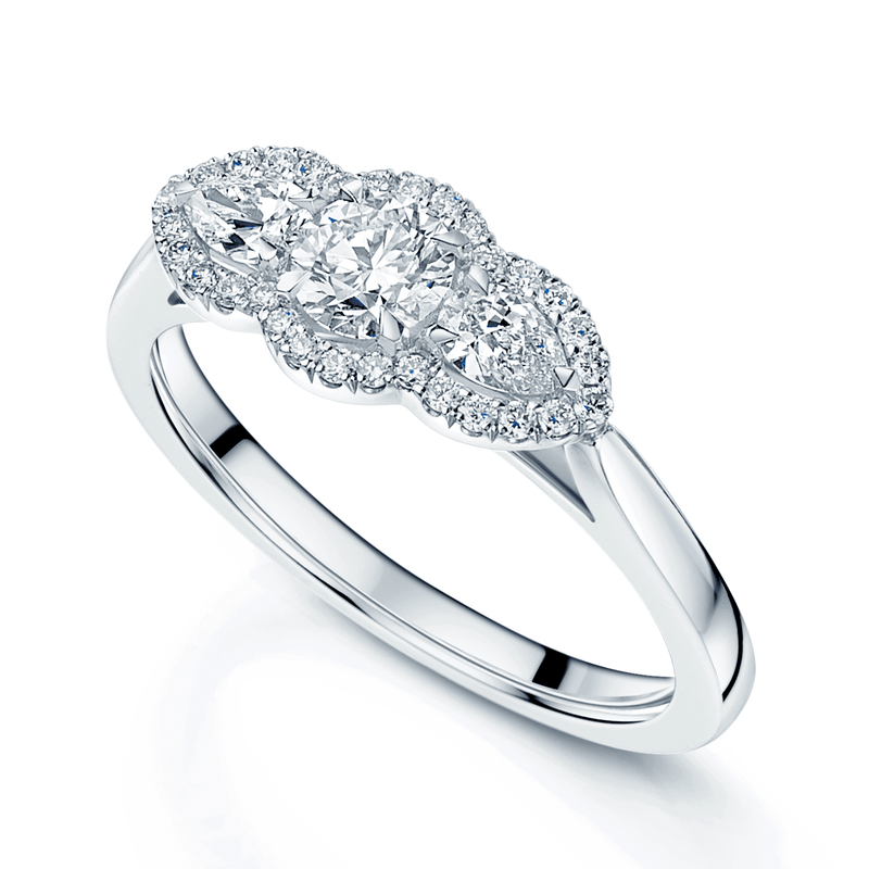Berry's Platinum GIA Certificated Round Brilliant cut and Pear Cut Diamond Halo Three Stone Ring - Berry's Jewellers