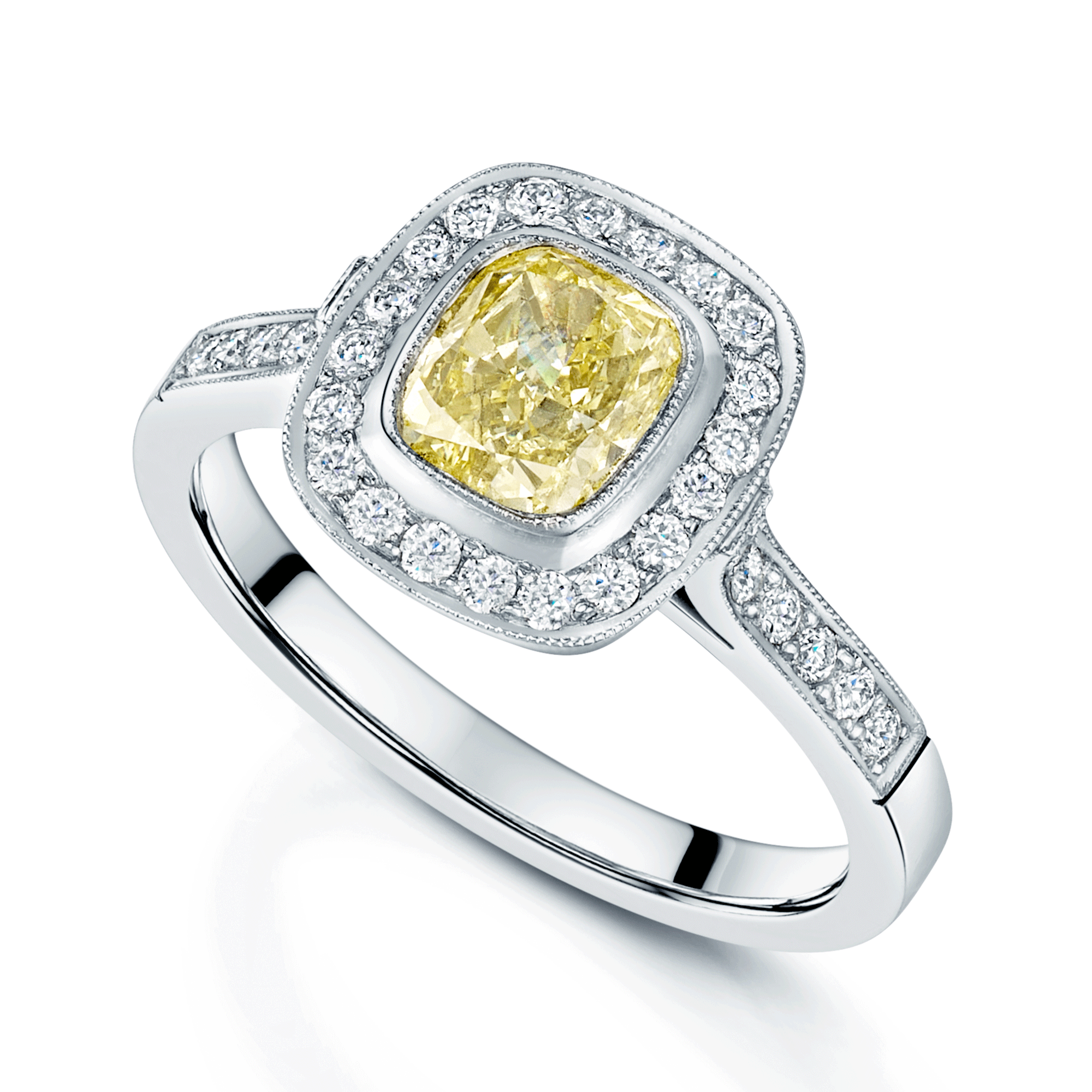 Berry's Platinum GIA Certified Yellow Cushion Diamond Ring with Diamond Set Deco Style Halo - Berry's Jewellers