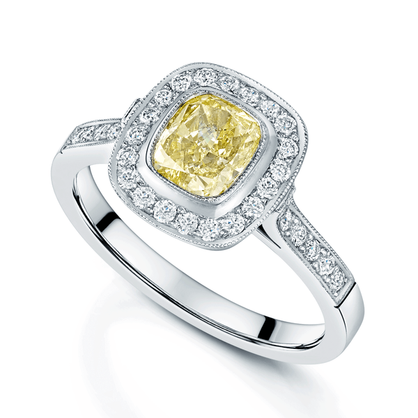 Berry's Platinum GIA Certified Yellow Cushion Diamond Ring with Diamond Set Deco Style Halo - Berry's Jewellers