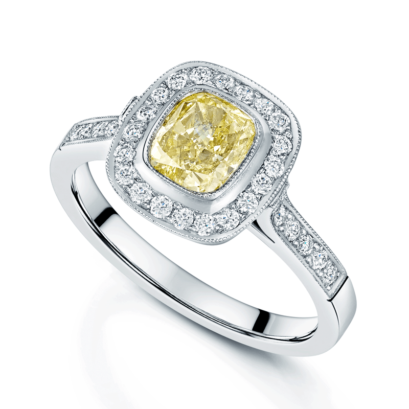 Berry's Platinum GIA Certified Yellow Cushion Diamond Ring with Diamond Set Deco Style Halo - Berry's Jewellers
