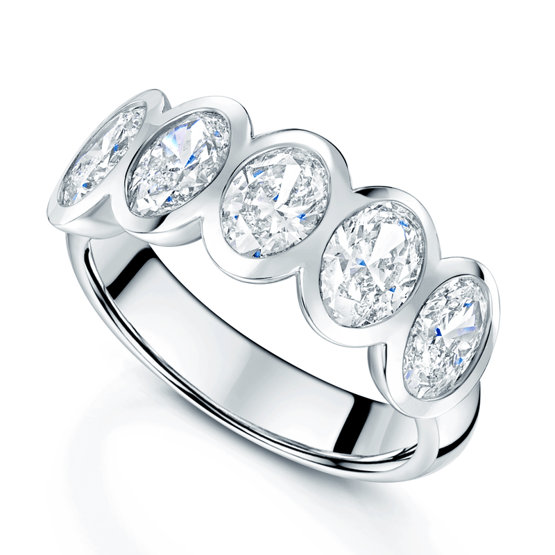 Rub Over Stone Setting Platinum Oval Cut Diamond Five Stone Rub Over Set Eternity Ring