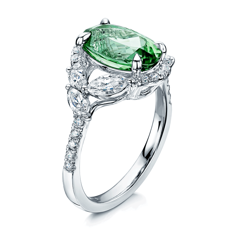 Berry's Platinum Oval Cut Green Tourmaline And Marquise And Round Brilliant Diamond Twist Ring - Berry's Jewellers