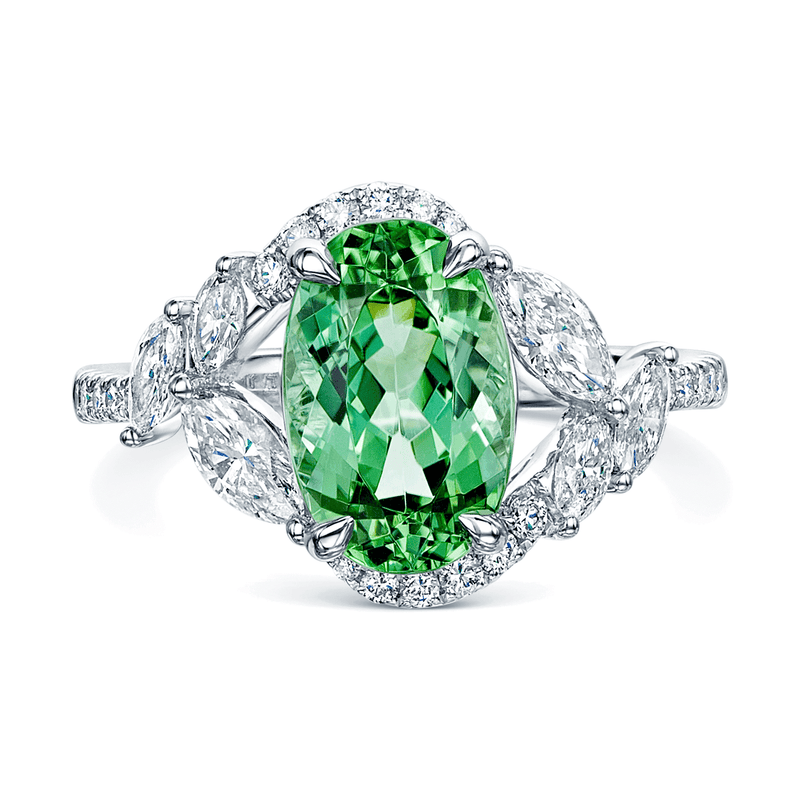 Berry's Platinum Oval Cut Green Tourmaline And Marquise And Round Brilliant Diamond Twist Ring - Berry's Jewellers