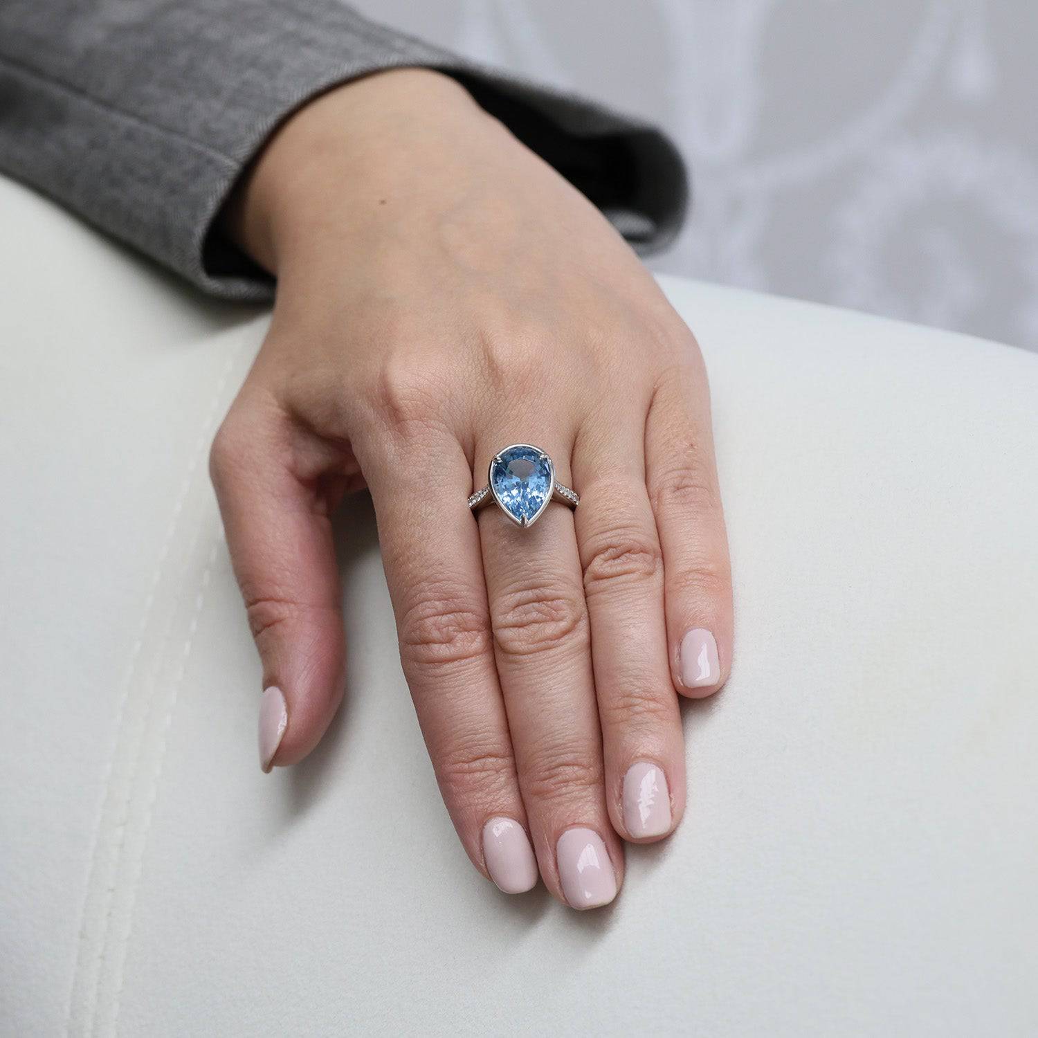 Platinum Pear Cut Aquamarine Ring With Diamond Set Shoulders