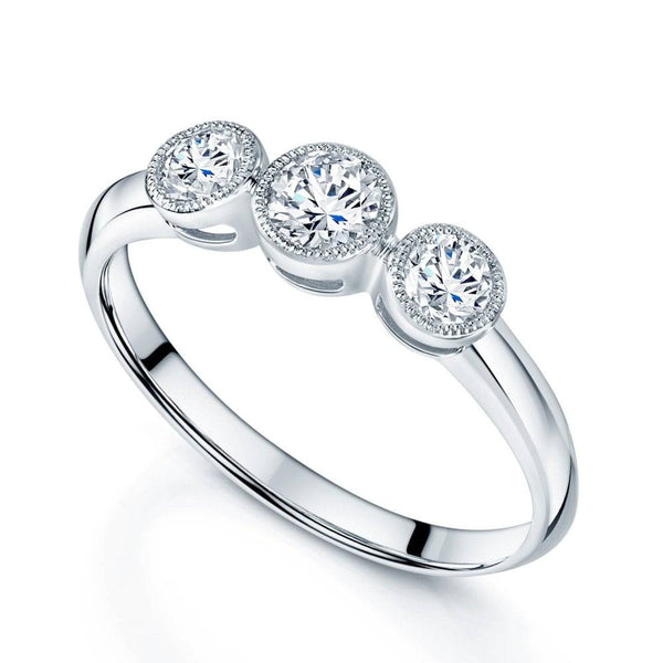 Berry's Platinum Round Brilliant Cut Diamond Millgrain Rubover Trilogy Ring - Berry's Jewellers