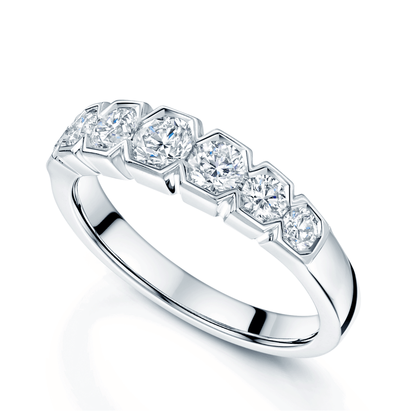 Rub Over Stone Setting Platinum Round Brilliant Cut Diamond Seven Stone Rub Over Set Eternity