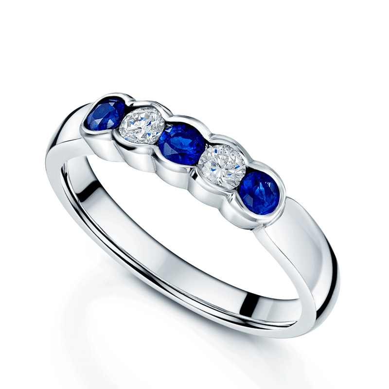 Platinum Round Brilliant Cut Sapphire Diamond Rub Over Set Five Ston