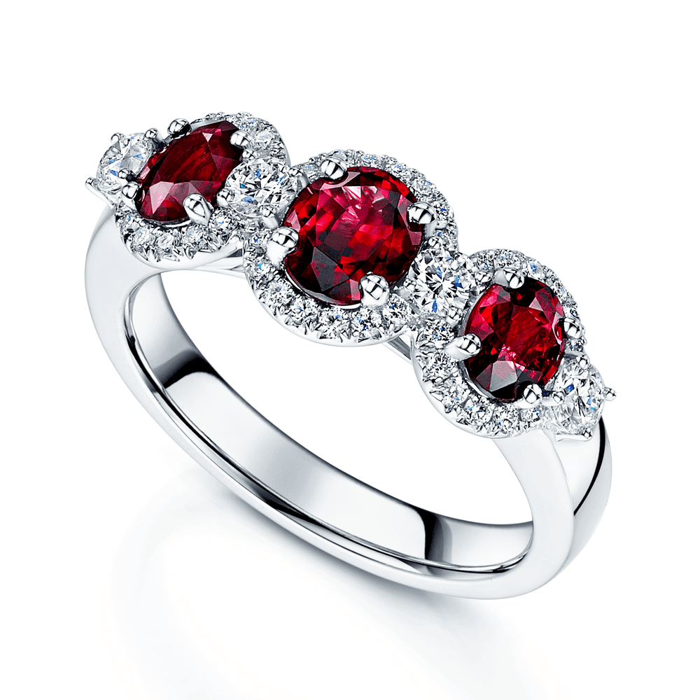 Platinum Round Brilliant Ruby Fancy Three Stone Ring With A Diamond Ha