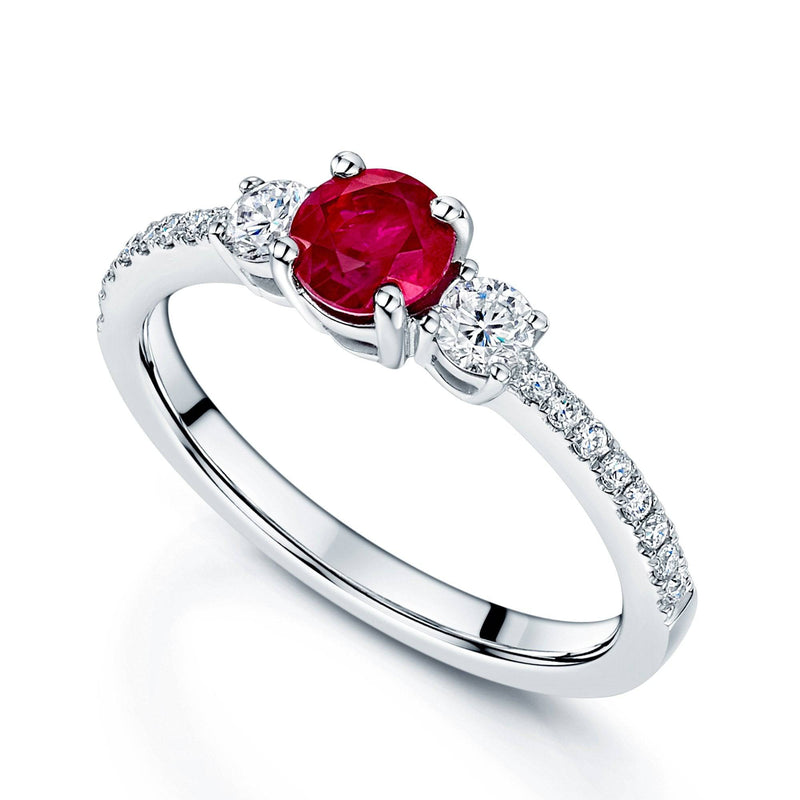 Berry's Platinum Ruby & Diamond Three Stone Ring With Diamond Set Shoulders - Berry's Jewellers