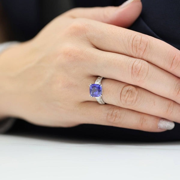 Berry's Platinum Tanzanite Ring With Baguette Diamond Shoulders & Diamond Pave Under Bezel - Berry's Jewellers