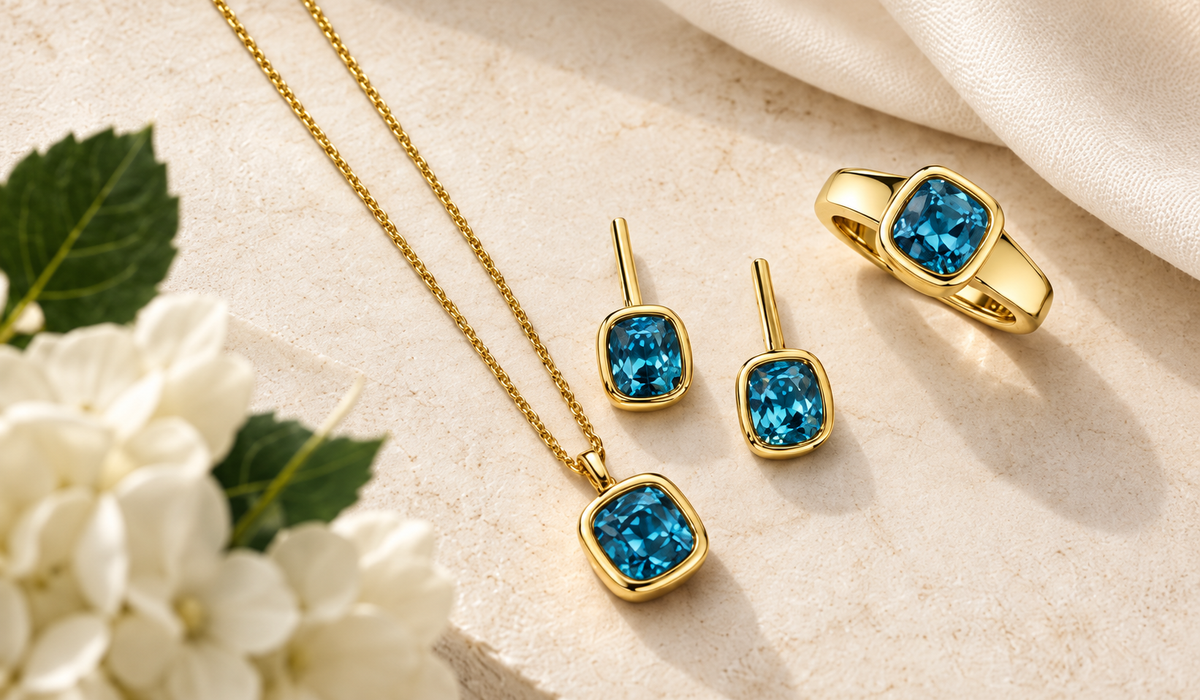 Coordinating blue gemstone ring, pendant and earrings. Read each gemstones unique adventure within the products.