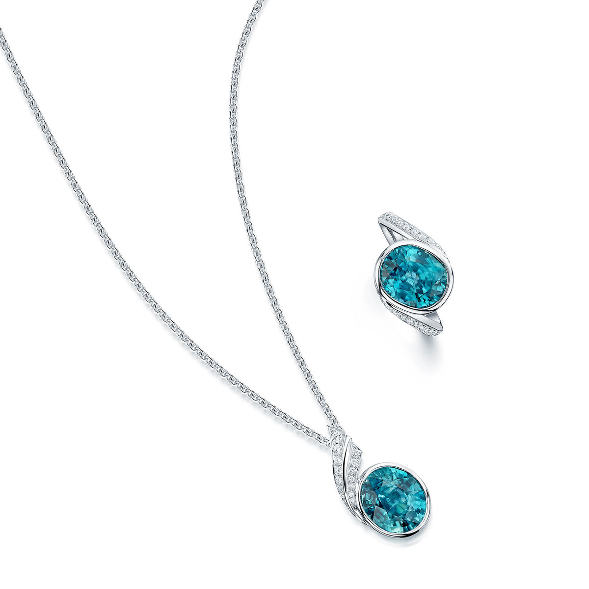 18ct White Gold Blue Zircon and Diamond Pendant