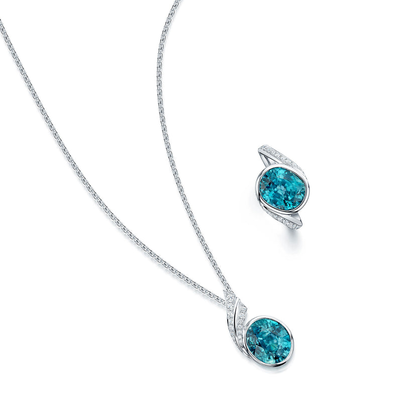 18ct White Gold Blue Zircon and Diamond Pendant