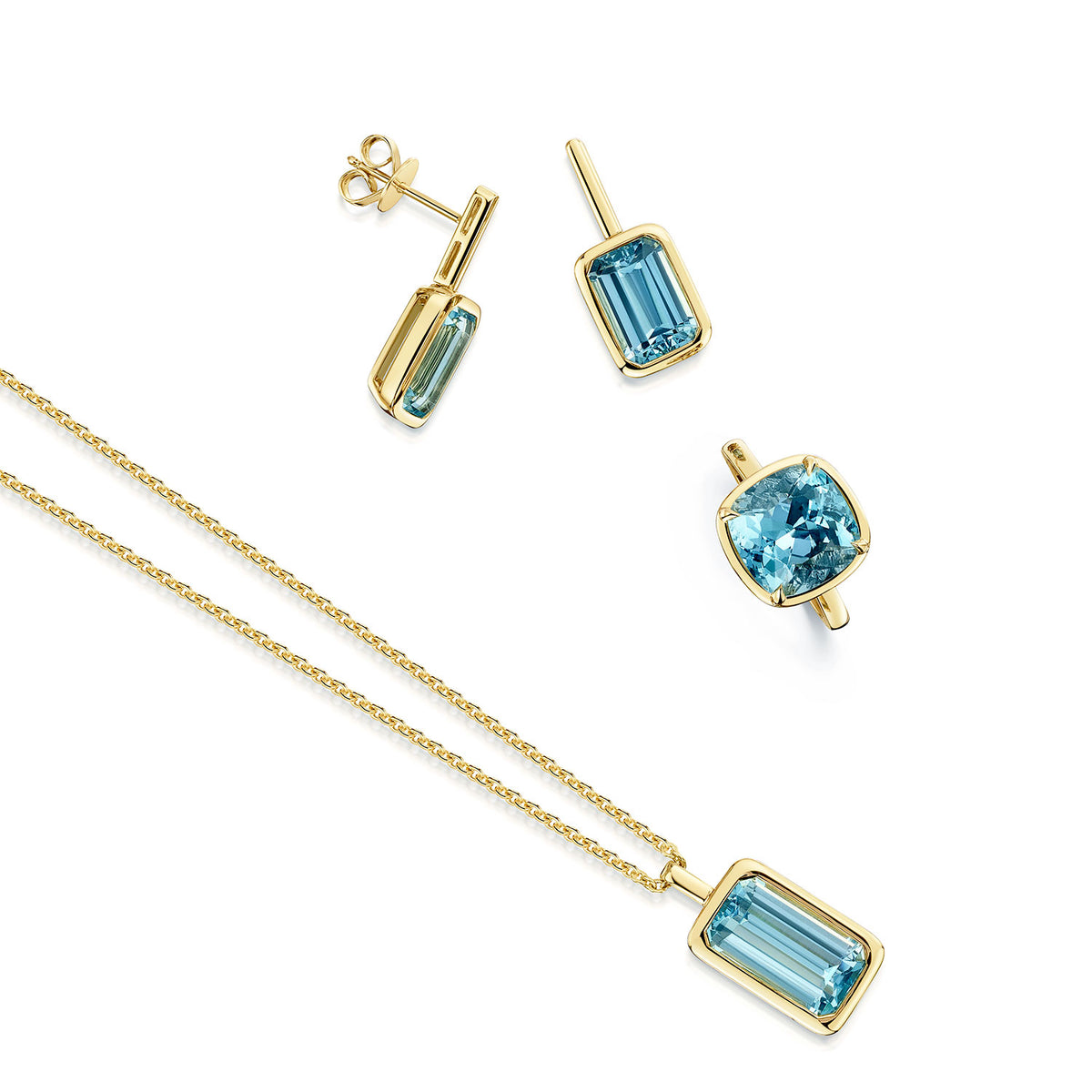 18ct Yellow Gold Octagon Cut Aquamarine Bar Drop Earrings