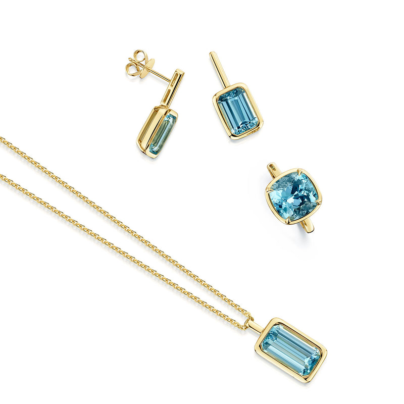 18ct Yellow Gold Octagon Cut Aquamarine Bar Drop Earrings