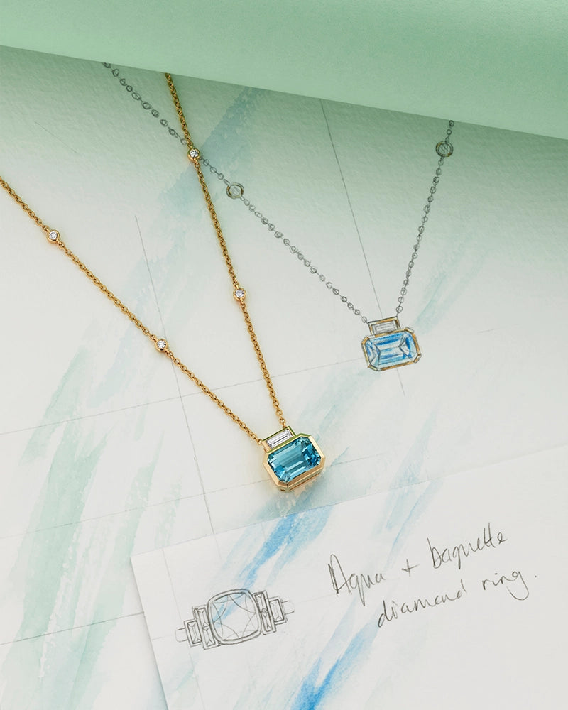 Aquamarine and diamond Berry's bespoke necklace shown with design sketches