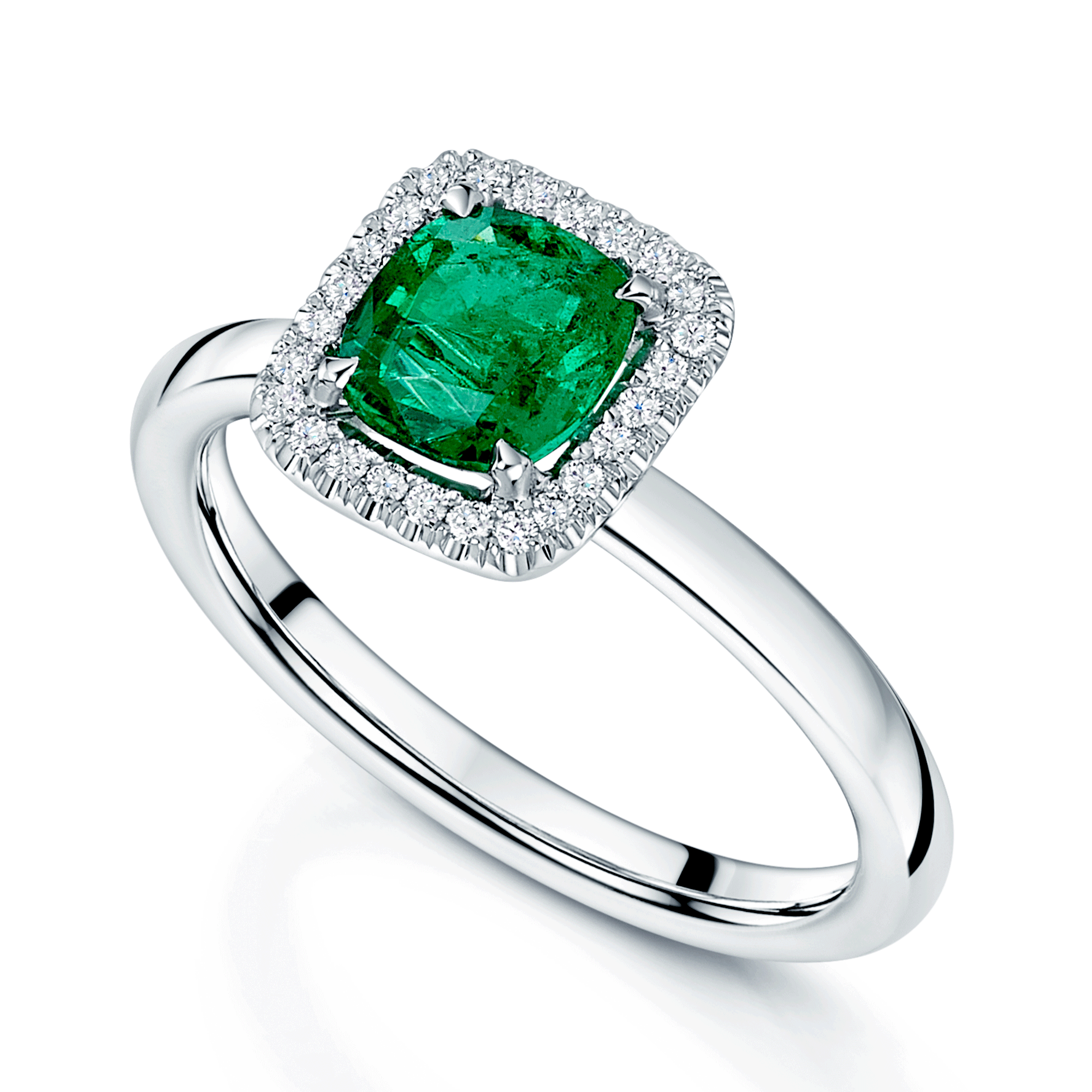 18ct White Gold Emerald And Diamond Halo Cluster Ring