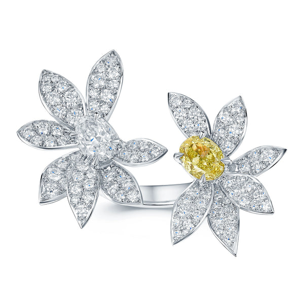 Berry's 18ct White Gold Fancy Yellow and White Oval Cut Diamond Pave Diamond Flower Dress Ring - Berry's Jewellers