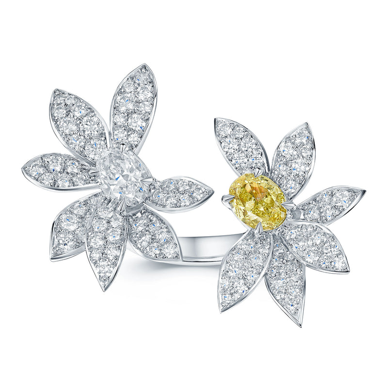 Berry's 18ct White Gold Fancy Yellow and White Oval Cut Diamond Pave Diamond Flower Dress Ring - Berry's Jewellers